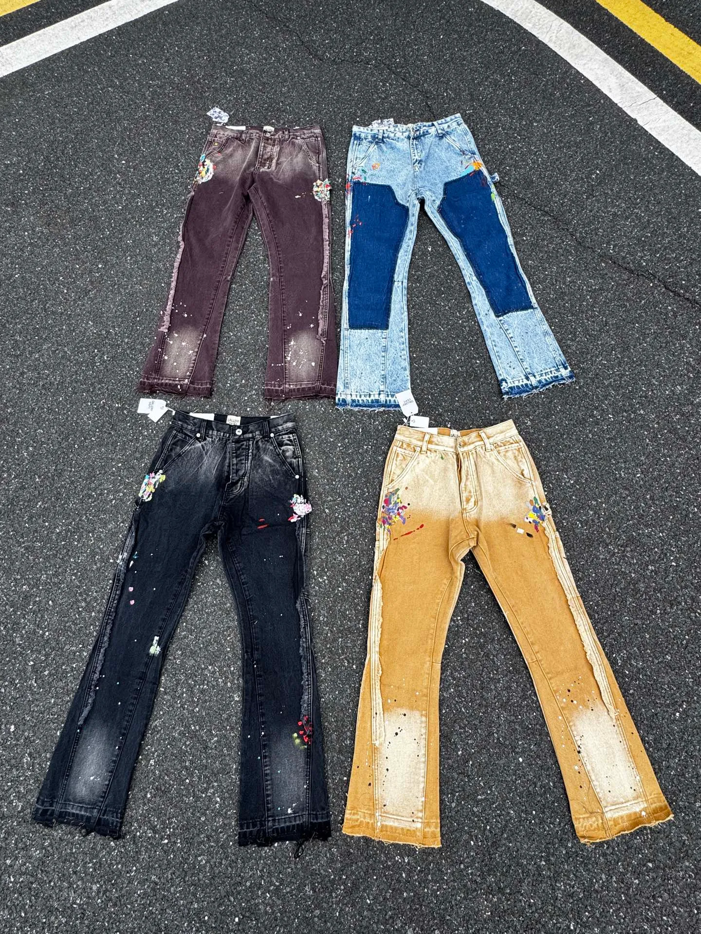 P250 (G95 black) (G90 burgundy) (G94 blue) (G91 khaki) GALLERY DEPT. Spliced ​​patchwork splash-ink denim flared pants washed and distressed spliced ​​jeans logging micro-flared jeans men and women same style Code number: 28 30 32 34 36
